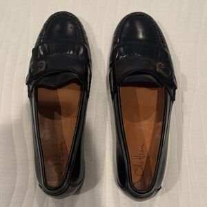 Cole Haan Black Leather Kiltie Slip-On Loafers with Buckle